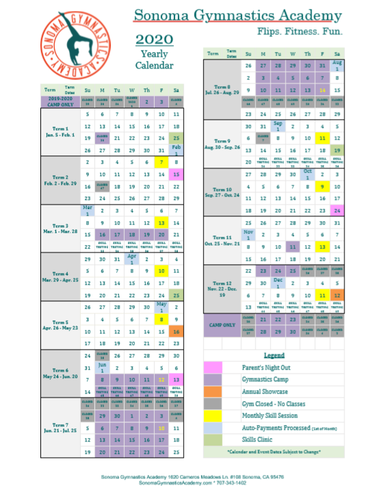 Term Calendar Sonoma Gymnastics Academy