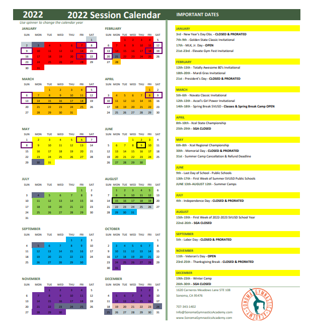 Session Dates Calendar Sonoma Gymnastics Academy