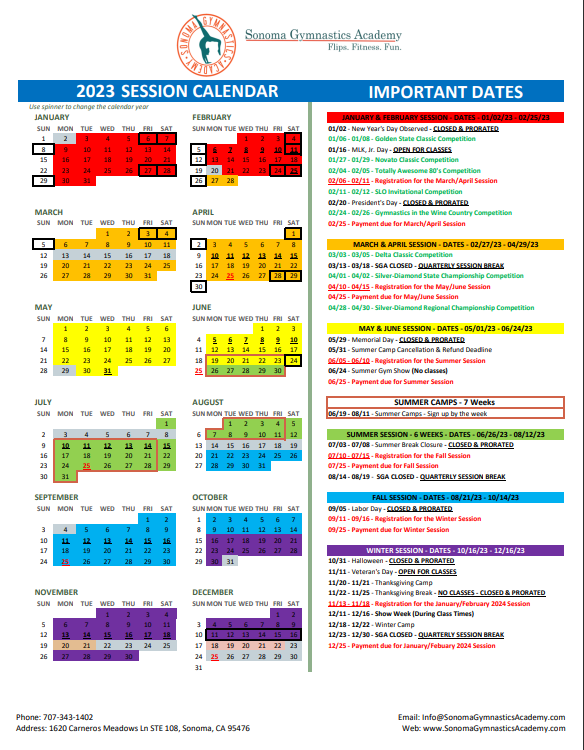 Session Dates Calendar Sonoma Gymnastics Academy