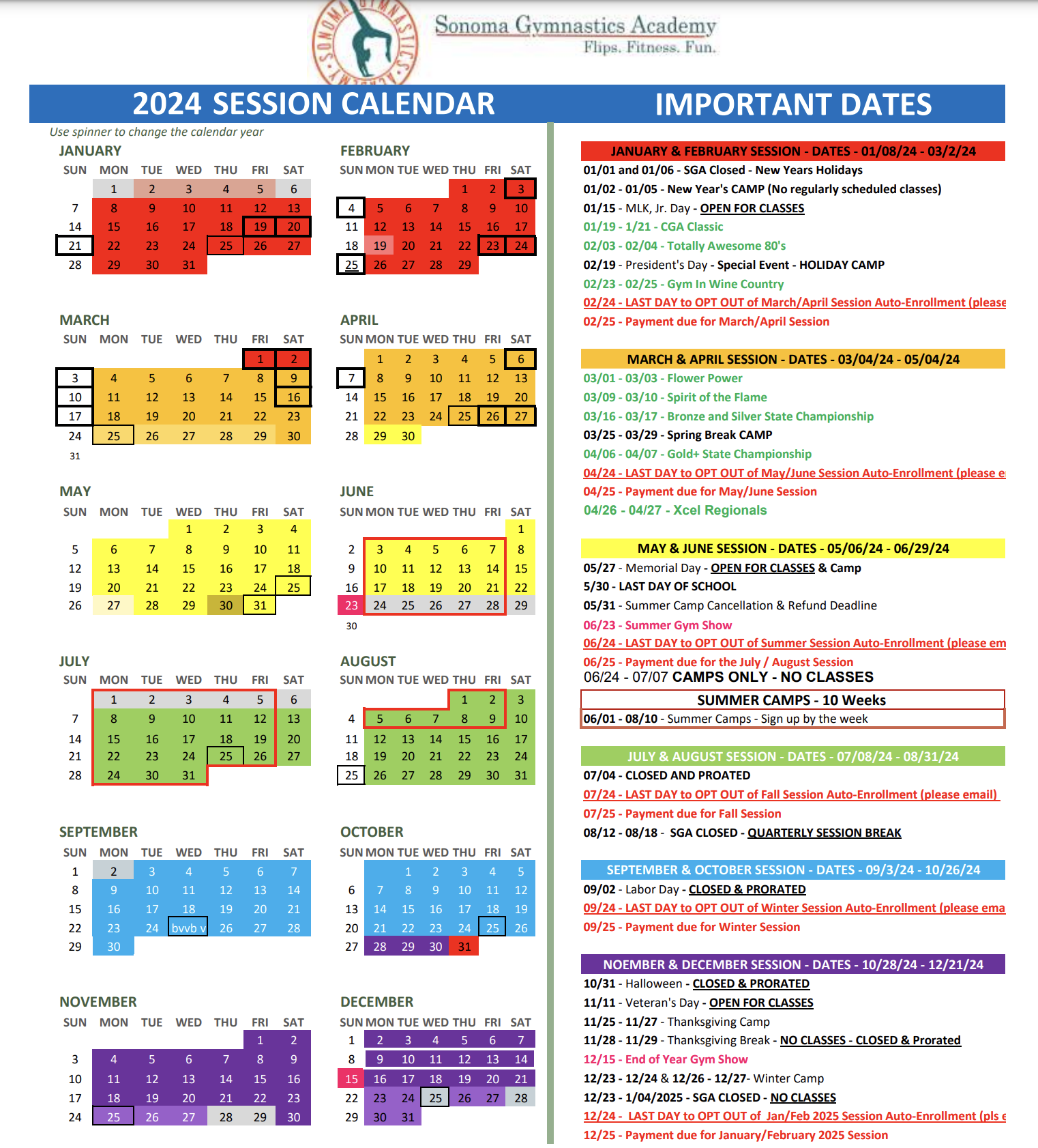 Session Dates Calendar – Sonoma Gymnastics Academy